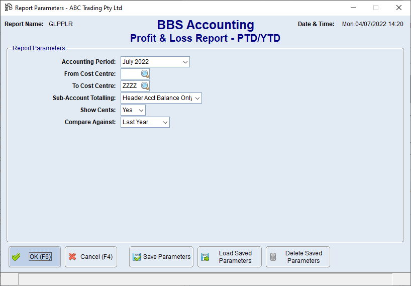 Profit & Loss Report - PTD/YTD Screen Profit & Loss Report - PTD/YTD Screen