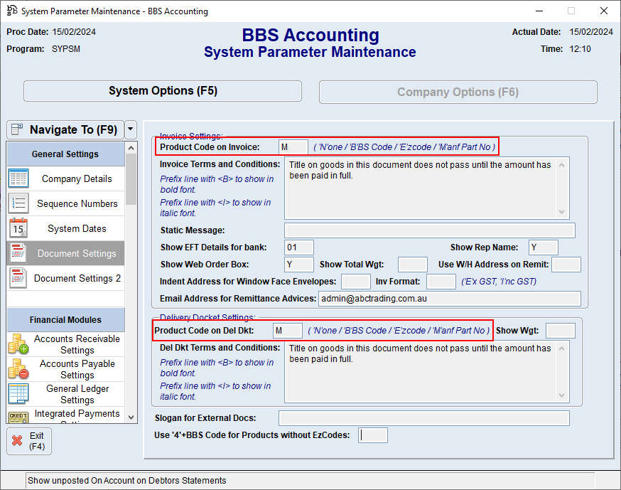 System Parameter Maintenance - Document Settings Screen