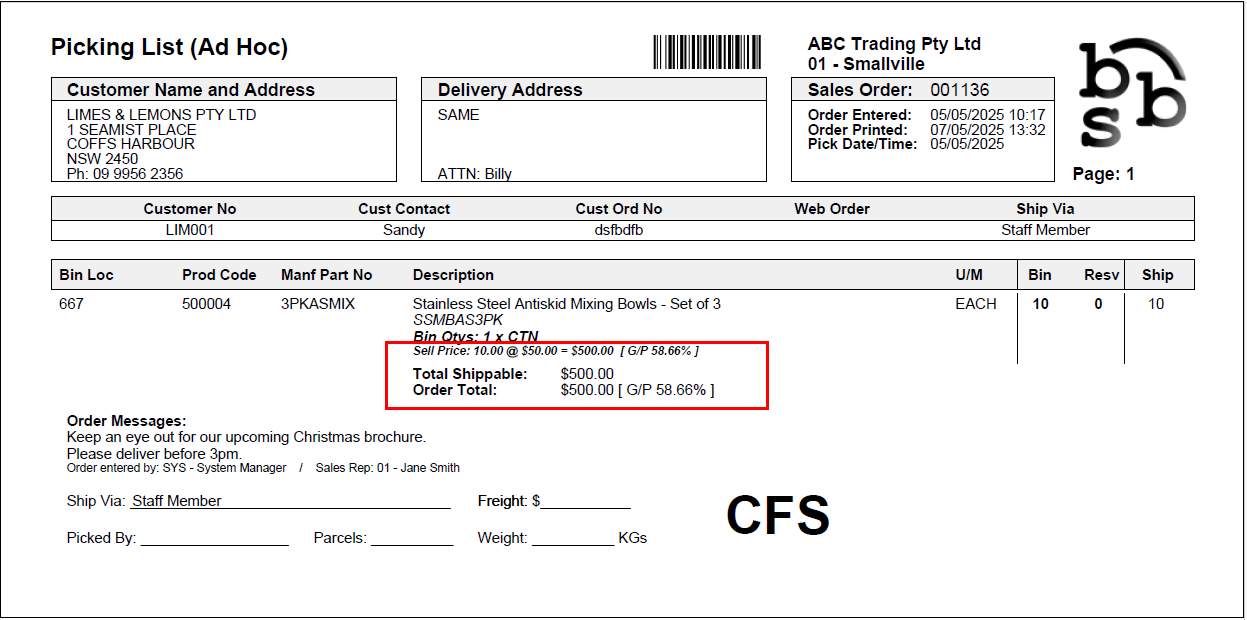Example of Picking Slip with GST Exlcusive prices and GP% set to Yes