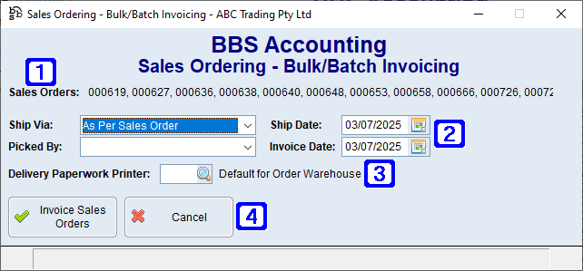 Sales Ordering - Bulk/Batch Invoicing Screen