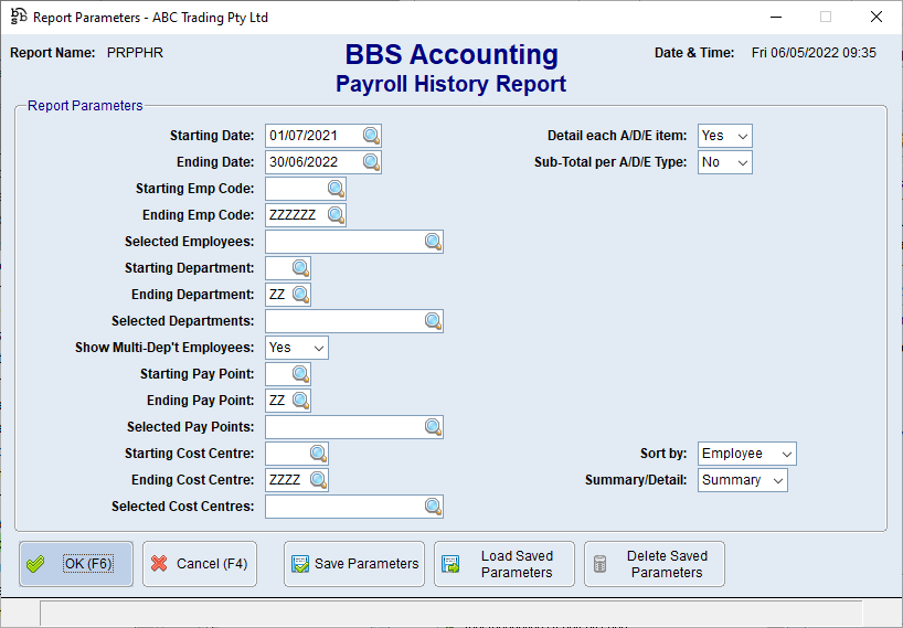Payroll History Report Screen Payroll History Report Screen