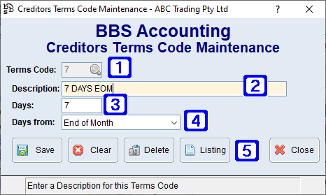 Creditors Terms Code Maintenance Screen Creditors Terms Code Maintenance Screen