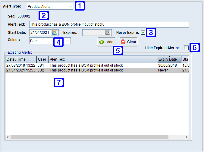 Product Masterfile Maintenance Alerts Tab Screen